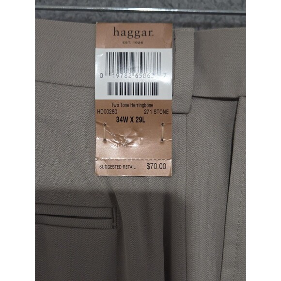 Haggar Dress Pants Mens 34x29 Stone Classic Fit Herringbone Pleated Preppy - Picture 8 of 9